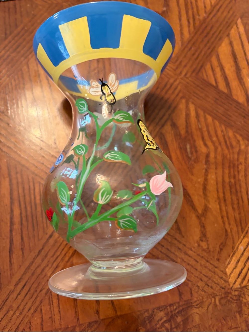Lenox Hand-Painted Floral & Butterfly Glass Vase — Blue and Yellow Rim